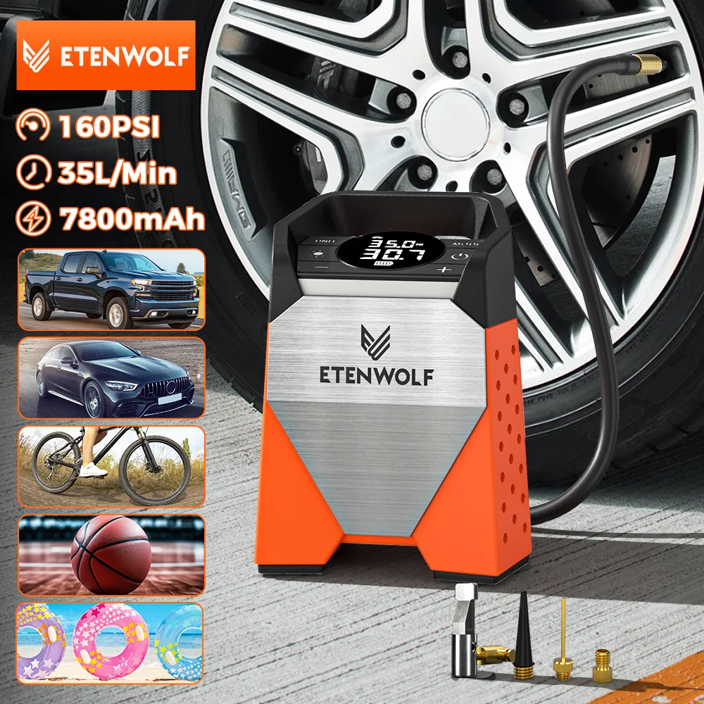 

ETENWOLF ZEPHYR S3 Портативный насос для накачивания шин 100% рабочий цикл 160 PSI Автомобильный воздушный компрессор 7800 мАч для автомобилей Мотоциклы Шарики (новые)