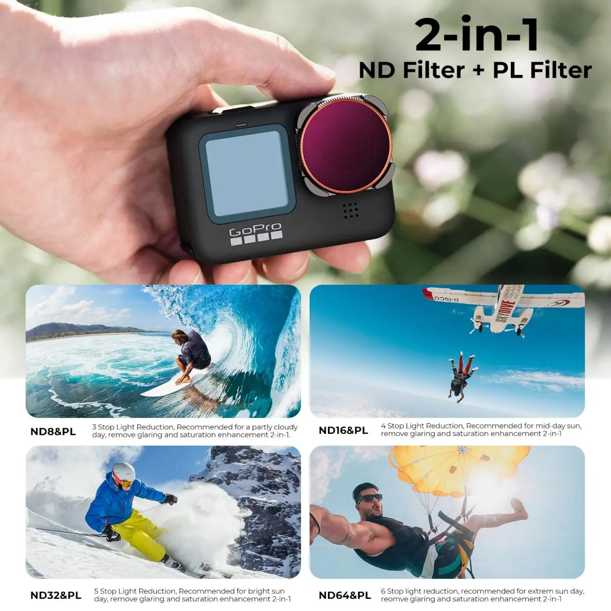 K&F Concept Action Camera Filter Set (ND8/PL+ND16/PL+ND32/PL+ND64/PL) with Anti-reflection Green Film for GOPRO Hero 9/10/11/12