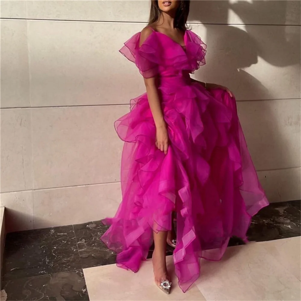 Vestido de fiesta de Organza de seda, vestido de noche rosa con diseño de dobladillo, largo hasta el suelo