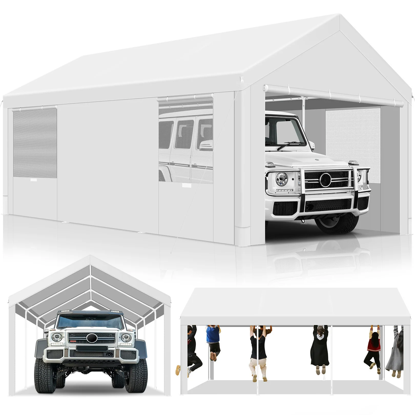 10x20/12x20ft Carport Heavy Duty Portable Garage With Removable Sidewalls Ventilated Windows & Built-in Sandbags Waterproof Car Canopy For Truck Boat With All-Season Tarp