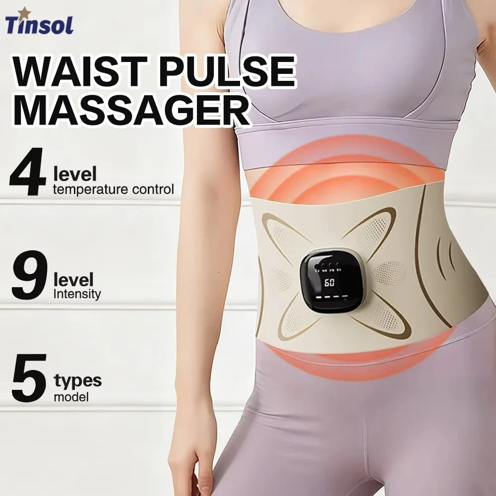 EMS Waist Massager Belt Electric Muscle Stimulator Abdominal Abs Trainer Pulse Slimming Shaping Massager Incontinence Therapy Heating Back Pain Relief Belt Core Weight Loss Fitness Vibration Waist Trimmer Stomach Heating Pad Lumbar Support Band with 9 Lev