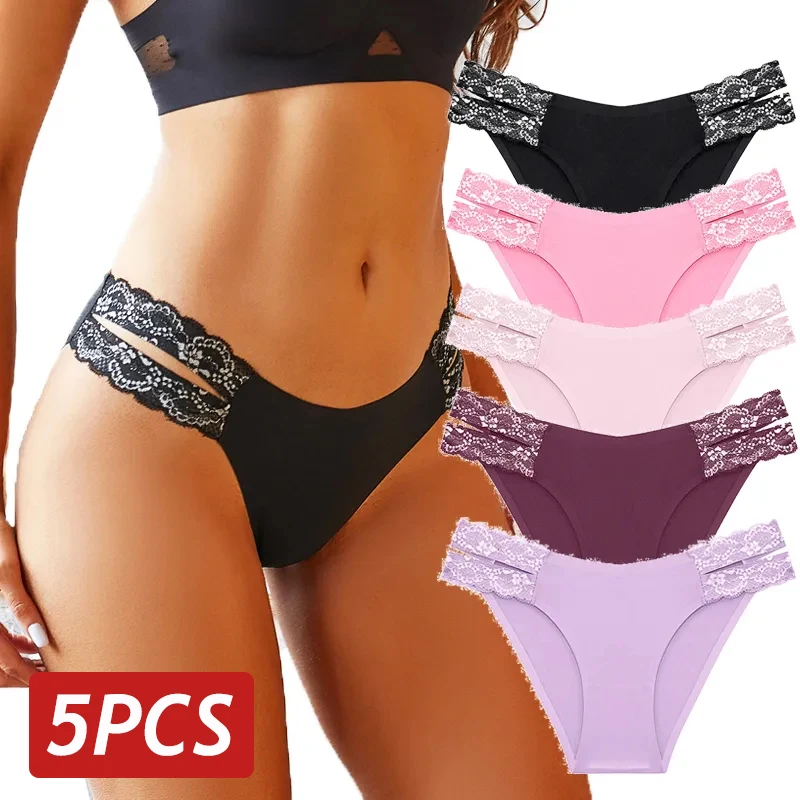 5PCS/Set Seamless Underwear Sexy Lace Women Briefs Eco-Friendly Female Underwear Panties Floral V Waist Lingerie Panty Intimates