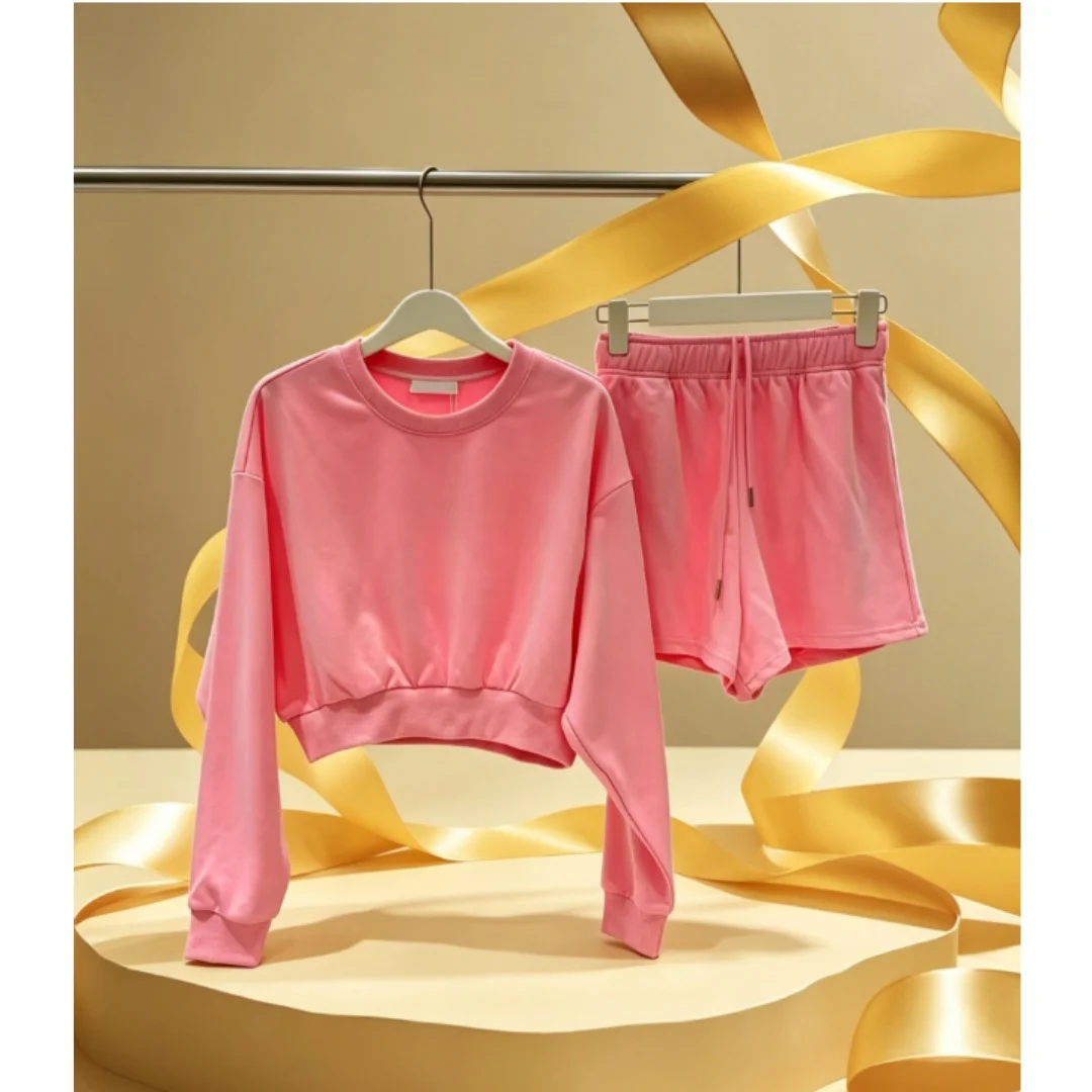 

Summer New Women's Round-neck Short Hoodie Elastic Shorts Casual Sportswear Set