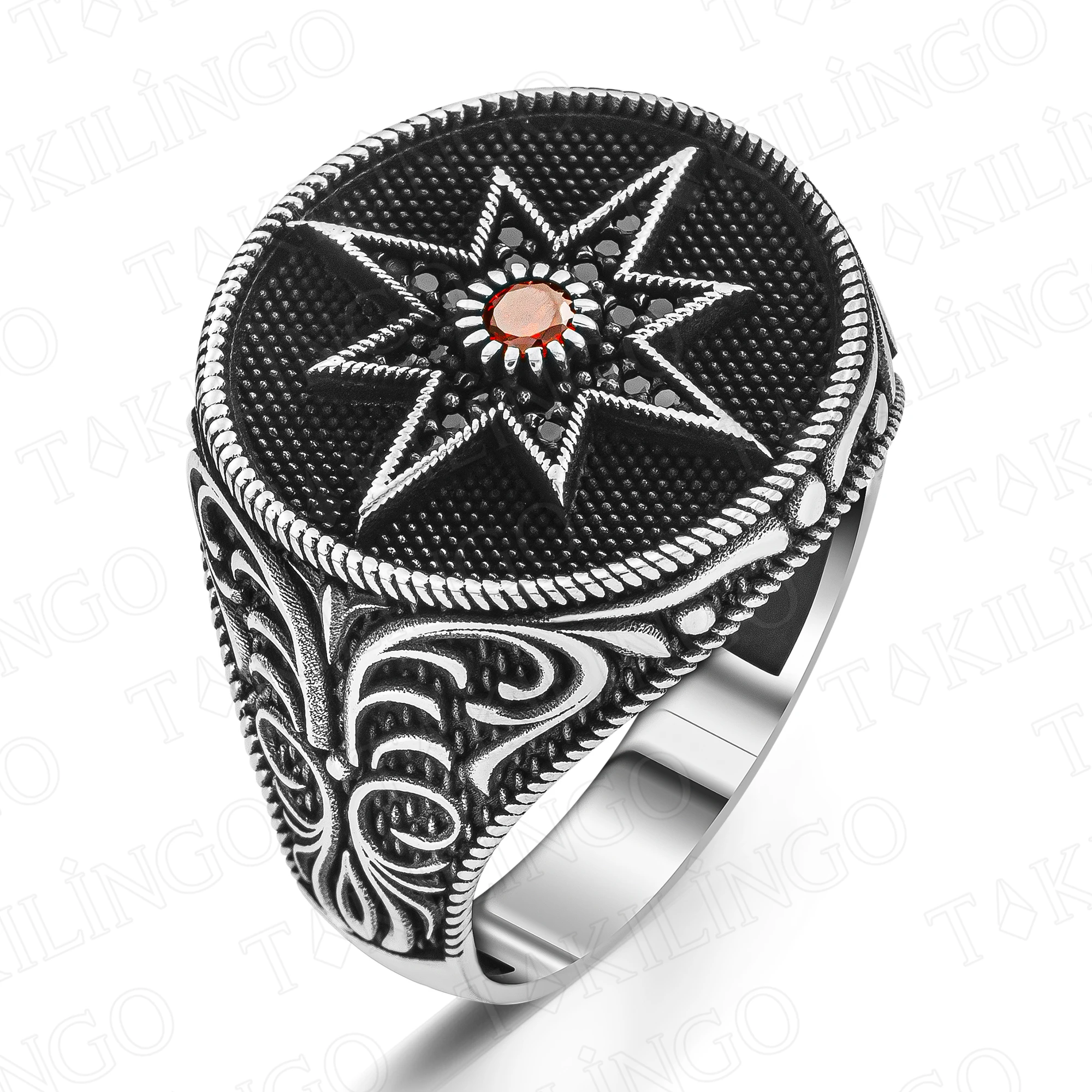 Elegant Stamped Solid 925 Sterling Silver Zircon Stone Round Compass Men's Ring Punk Chic Accessory Handmade Jewelry Gift Him