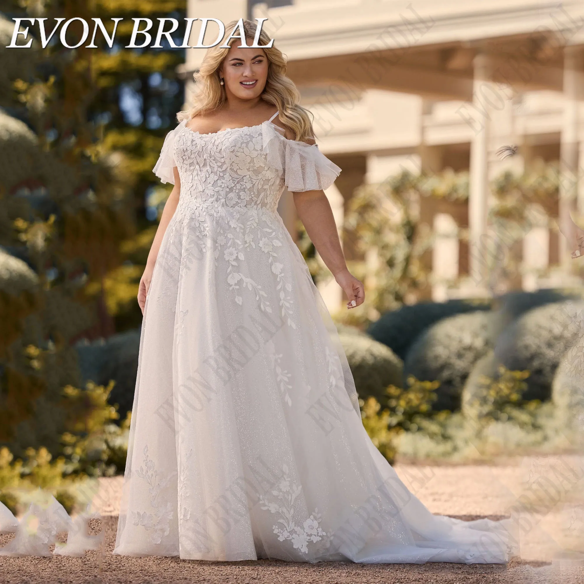 EVON BRIDAL Shiny Tulle Wedding Dress Plus Size Applique Lace A-Line Bride Gowns Women With Button Bridal Dress A-Line Cutsom