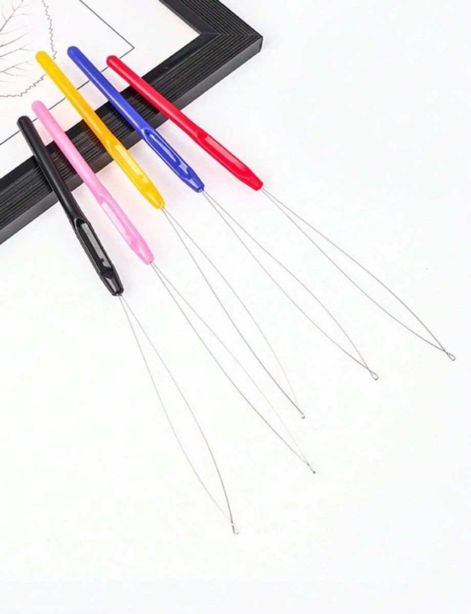 10Pcs Hair Extension Loop Needle Threader Pulling Hook Tool and Bead Device Tool Loop Threader For Hair Feather Extensions Black