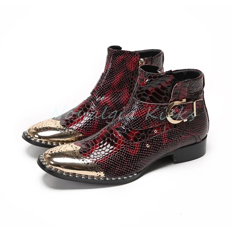 Trendy Men's Black Snake Skin Pattern Ankle Boots Golden Metal Toe Buckle Strap Side Zipper Chelsea Boots Casual Leather Botas