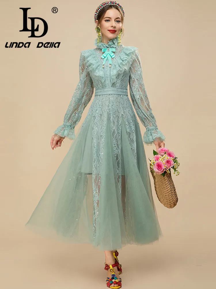 LD LINDA DELLA 2023 Designer Spring Dress Women Vintage Lace Sequin Mesh Ruffle Patchwork Long sleeve Party Midi Dresses