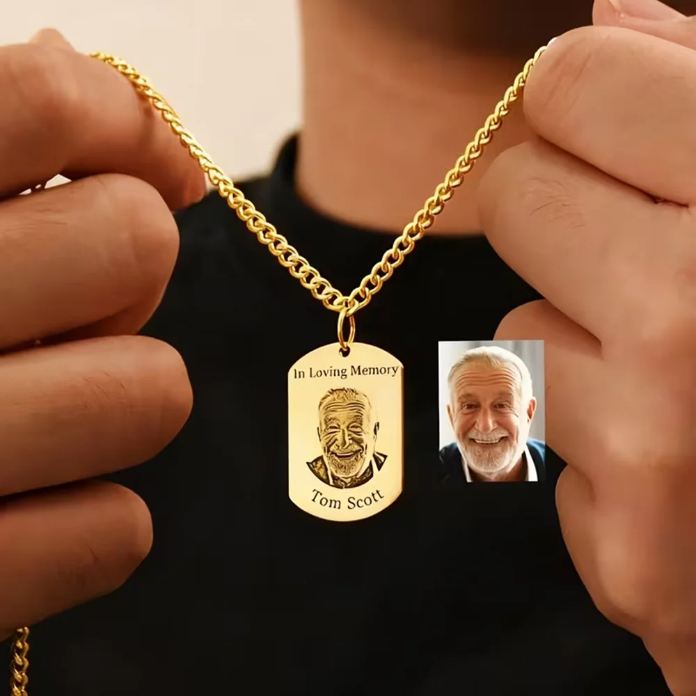 

Персонализированное ожерелье с именем и фотографией для мужчин, гравировка, печать, память о любви, кулон из нержавеющей стали, ювелирные изделия, подарок на день рождения для папы