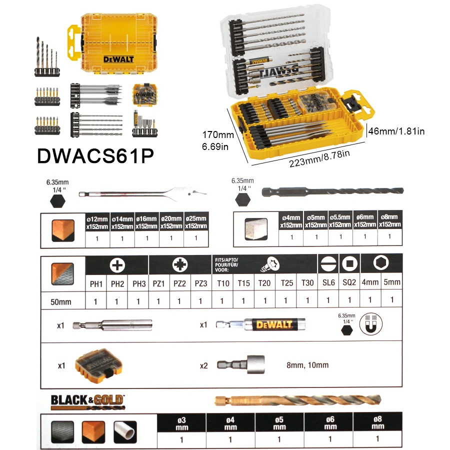 DEWALT DWACS61P Multi-tool Accessories Set 61pcs Extension Bit Holder Twist Drill Screwdriver Bits Impact Driver Bit Tool Case