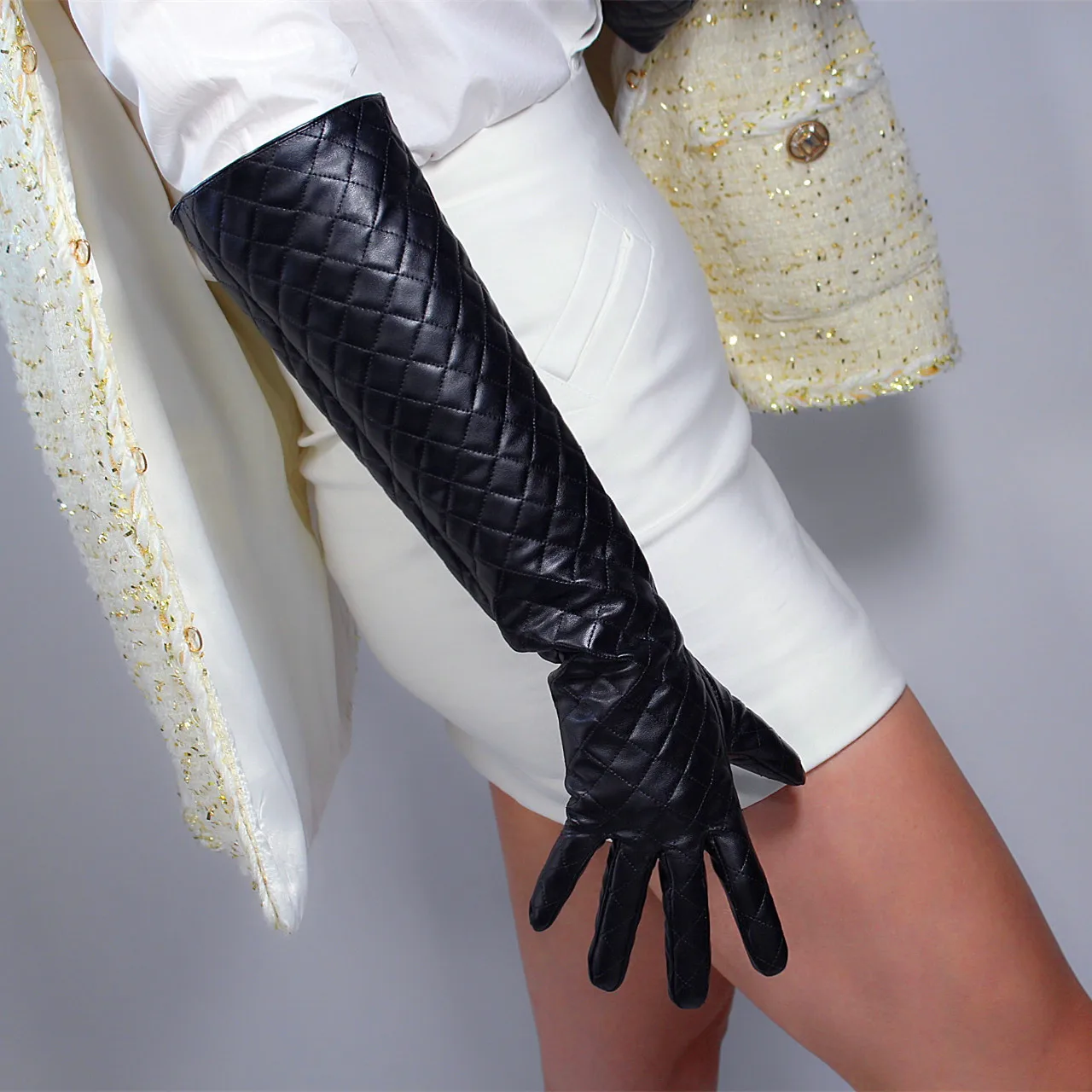 TECH LONG Winter Warm GLOVES Quilted PUFF SLEEVES Unisex Black Faux Leather Size L 50cm Oversize Halloween Cosplay CostumeGlove