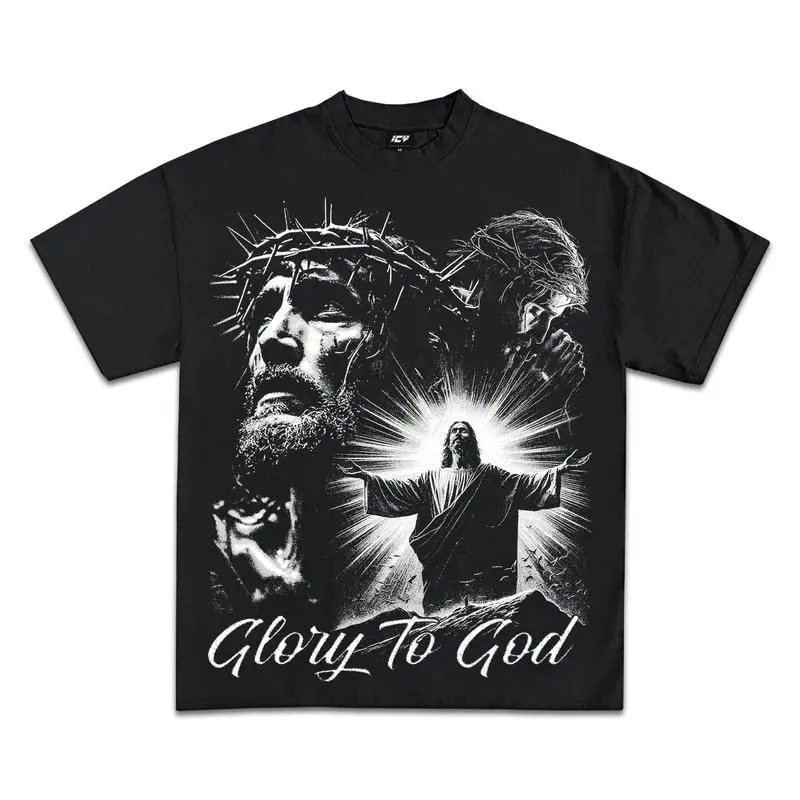 

Glory To God Jesus Printed Tee Y2K Rap Streetwear T-Shirt Vintage Hip-Hop Graphic Tees Unisex Crew Neck Bold Retro Women Tops