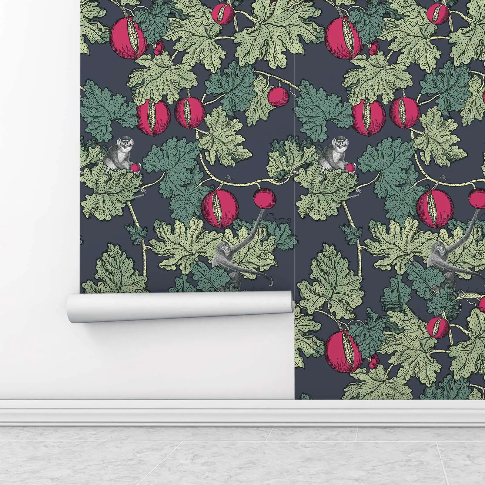 Mischievous Monkeys and fruit Wall Paper, Frutto Proibito Green and Dark Wallpape, Scandinavian design, removable Wallpaper