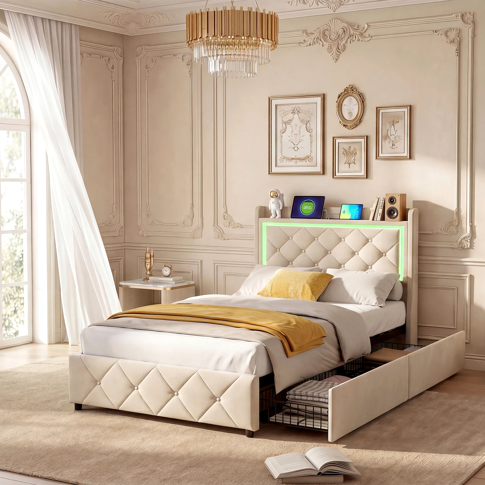 90*200cm Diamant-Steppbettgestell aus Samt, französischer Stil, luxuriöses Polsterbett mit LED-Kopfteil, zwei Stauraum-Schubladen und USB-Typ-C-Ladeanschluss, beige, Matratze nicht enthalten