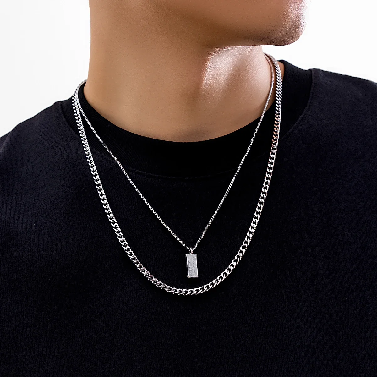 KunJoe 2 sztuk/zestaw prostokątny wisiorek Box łańcuszek naszyjnik dla mężczyzn Punk kolor srebrny kubański Link Choker łańcuszek naszyjnik Party — zdjęcie 2