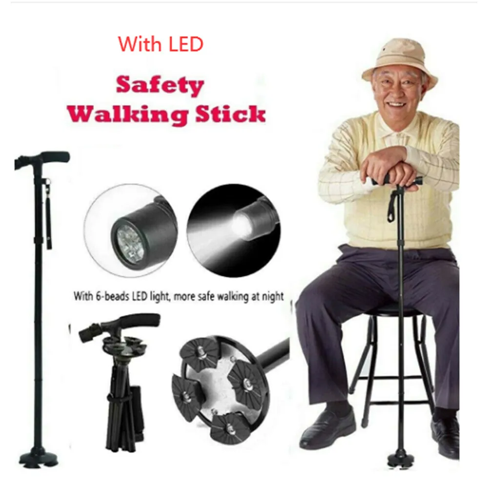 Folding LCD Walking Stick Cane with Flashlight Self-Standing Non-Slip Rubber Replacement Base 4-Leg Black Foot Pad
