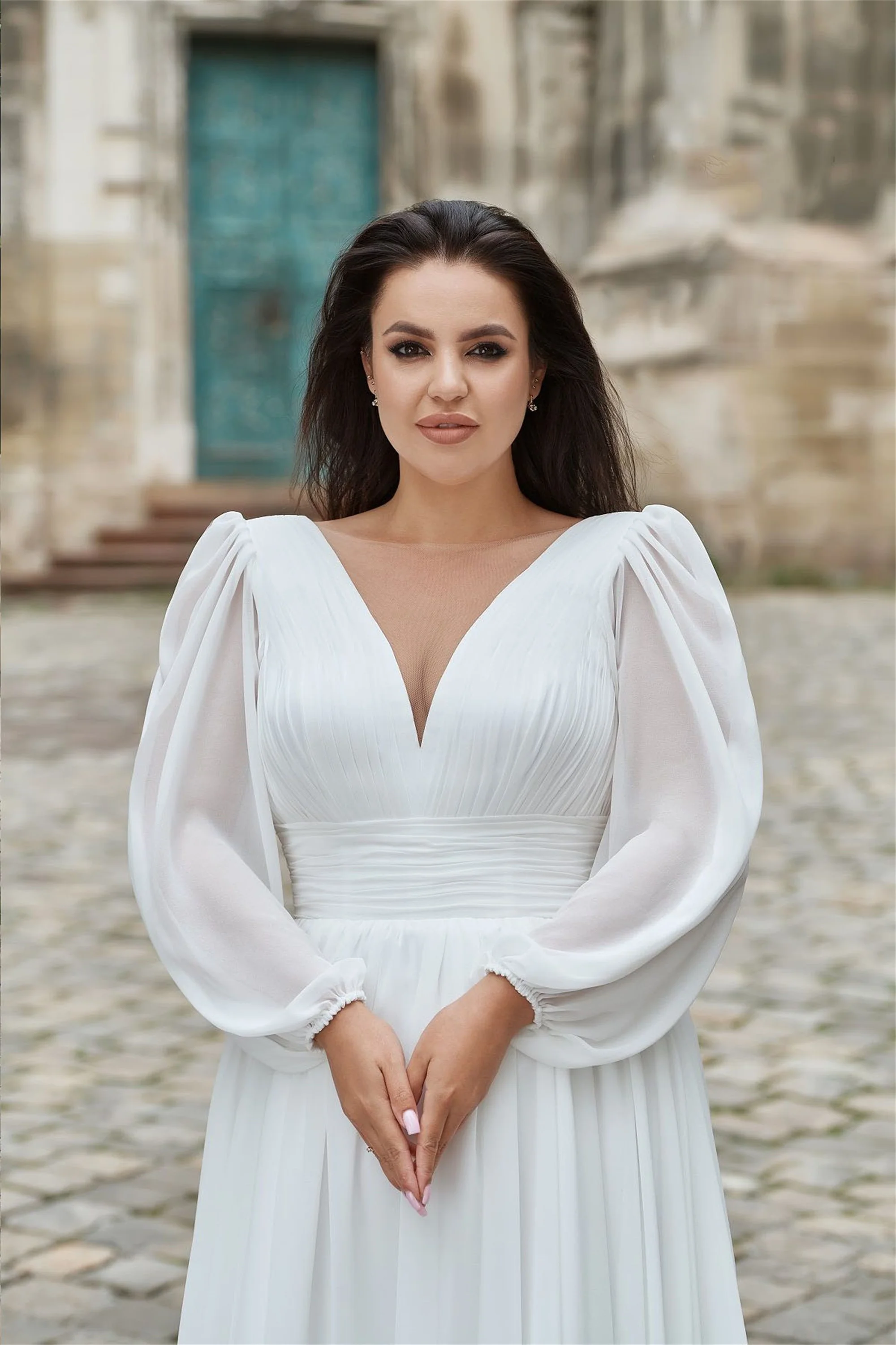 شيفون كم كامل بالإضافة إلى حجم فساتين العروس الدانتيل يصل فستان الزفاف المدنية مع الخامس الرقبة Vestido De Noiva EVON BRIDAL مخصص