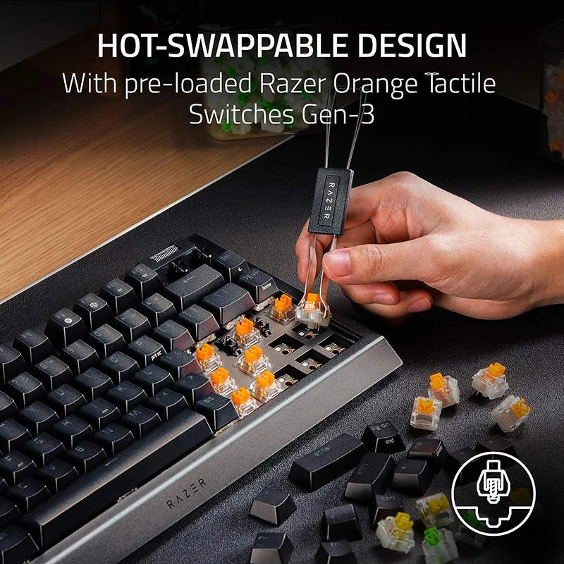 Imagem -02 - Razer-blackwidow Teclado Mecânico para Jogos Design Hot-swappable mf Roller Teclas de Mídia Interruptores Táteis Laranja Chroma Rgb v4 75