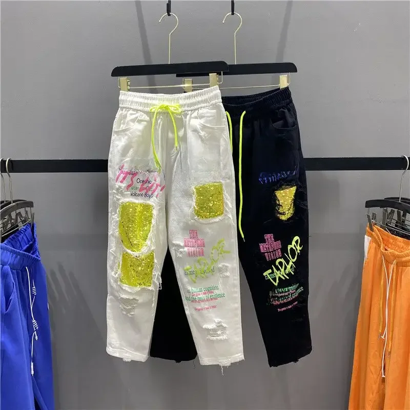 Główna ulica letnie nowe damskie dżinsy dżinsy zgrywanie Feminino Rock nadrukowane litery spodnie spodnie dżinsowe Capris BF Jeans — zdjęcie 2