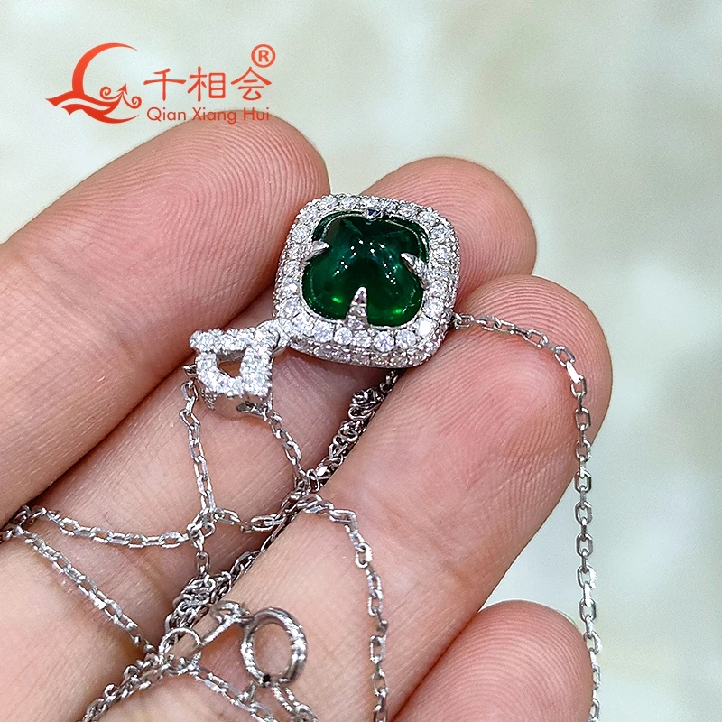 Sugar-loaf 8mm 925 silver green color emerald pendant Created Hydrothermal Emerald with melee white moissanite for Wedding