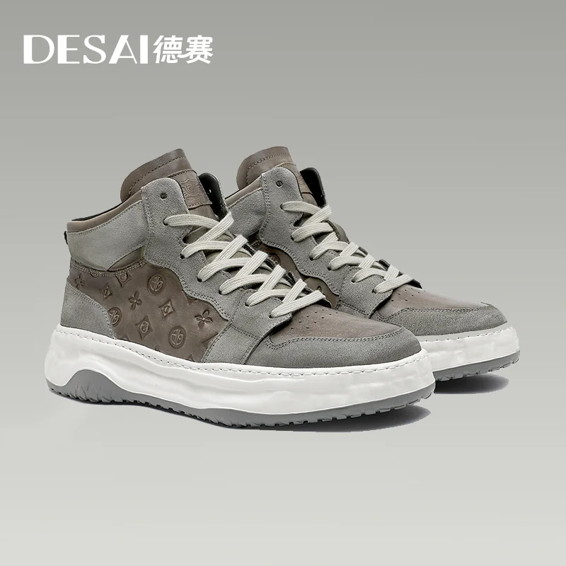 DESAI Brand Full Grain Leather Mens Shoes Casual Breathable Fashion Outdoor High Tops 2023 Warm Add Fur New