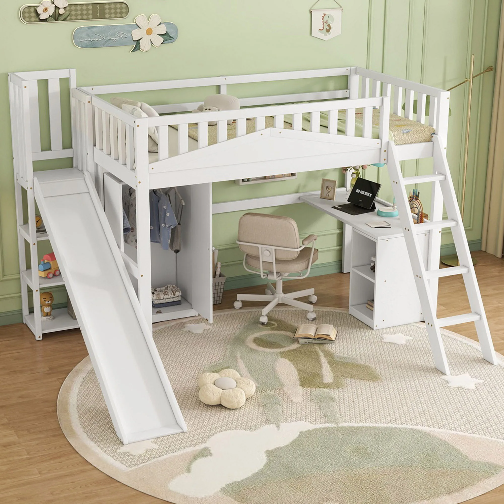 Lit au sol, lit enfant, avec grille de protection contre les chutes, avec table et armoire, beaucoup d'espace de rangement, avec échelle à quatre niveaux, 90x200cm Sans matelas