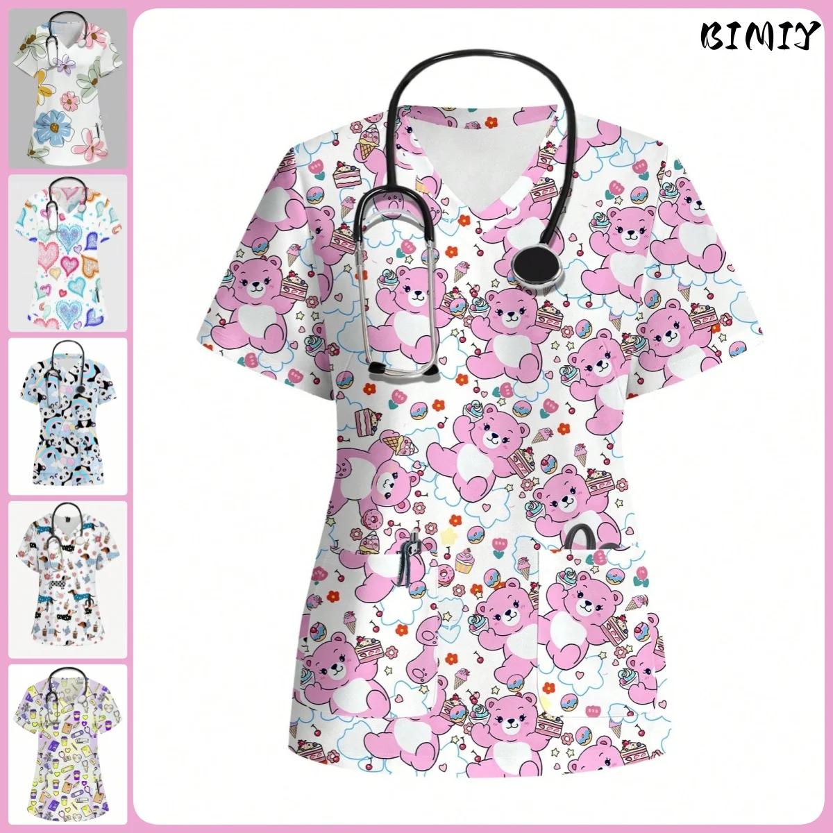 

Womens Work T-shirt Stretch Scrubs Nursing Uniform Blouse V-Neck Short Sleeve Medical Scrub Tops with Pockets Wholesale