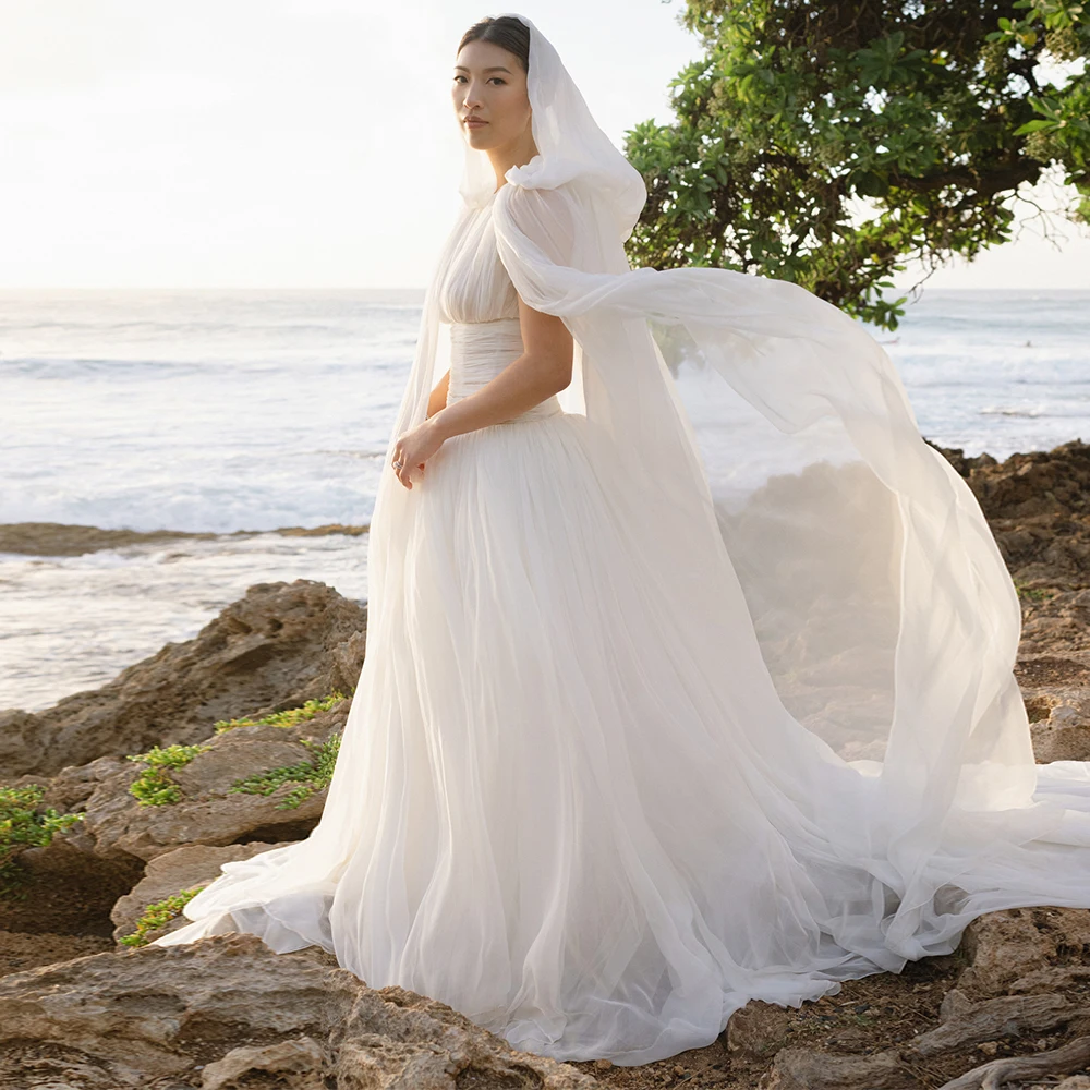 20090# Unique O-Neck Pleat Tulle A-line Wedding Dress For Bride Boho Sleeveless Bridal Gown With Cloak