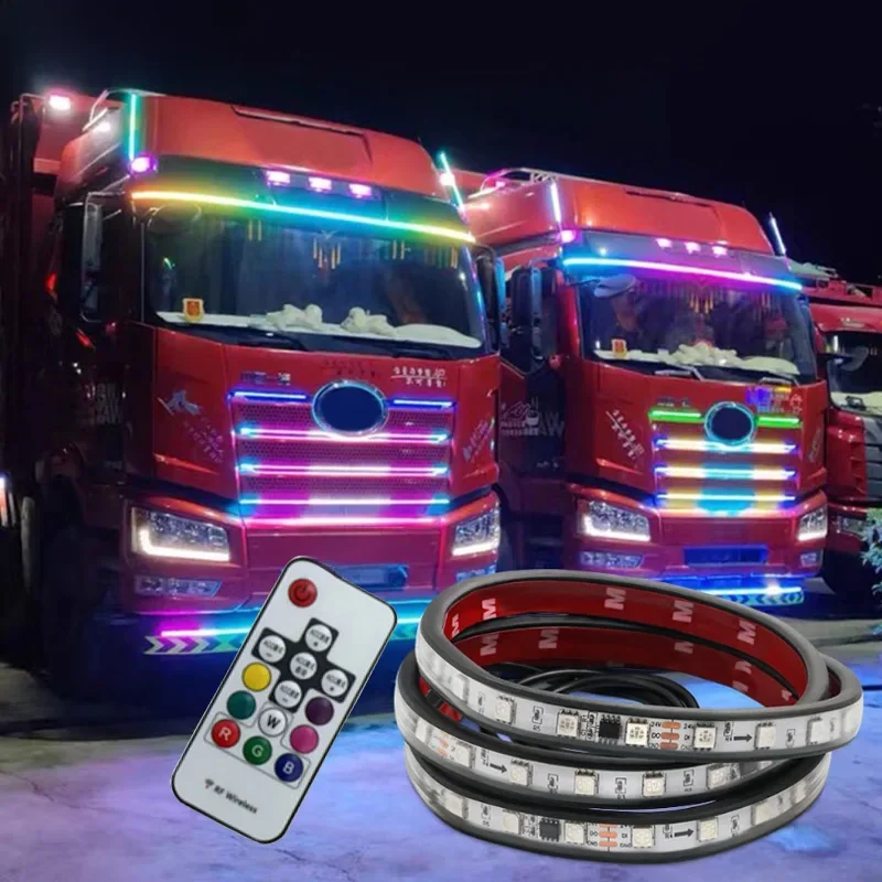 Led 24V Truck Light Strips RGB Flexible Colorful Atmosphere Lamp Light Warning Light Strip Streamer Lamp DRL 1M 1.5M 2M Remote