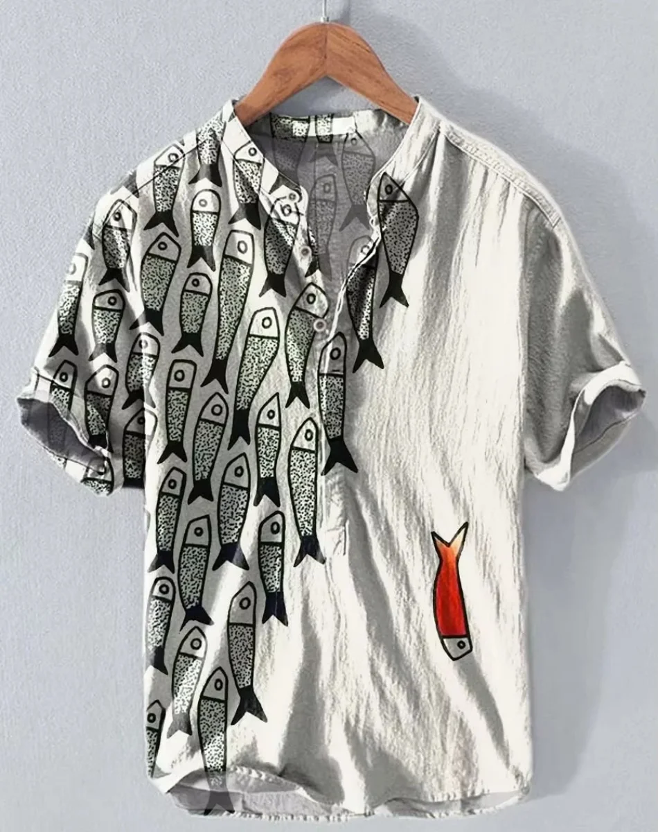 Henry Shirt - เสื้อยืดลําลองแขนสั้นผู้ชายใหม่ ท็อปส์ซูชุดลําลองทุกวัน เสื้อผ้าพิมพ์ลายปลา ไซส์ S ถึง 5XL