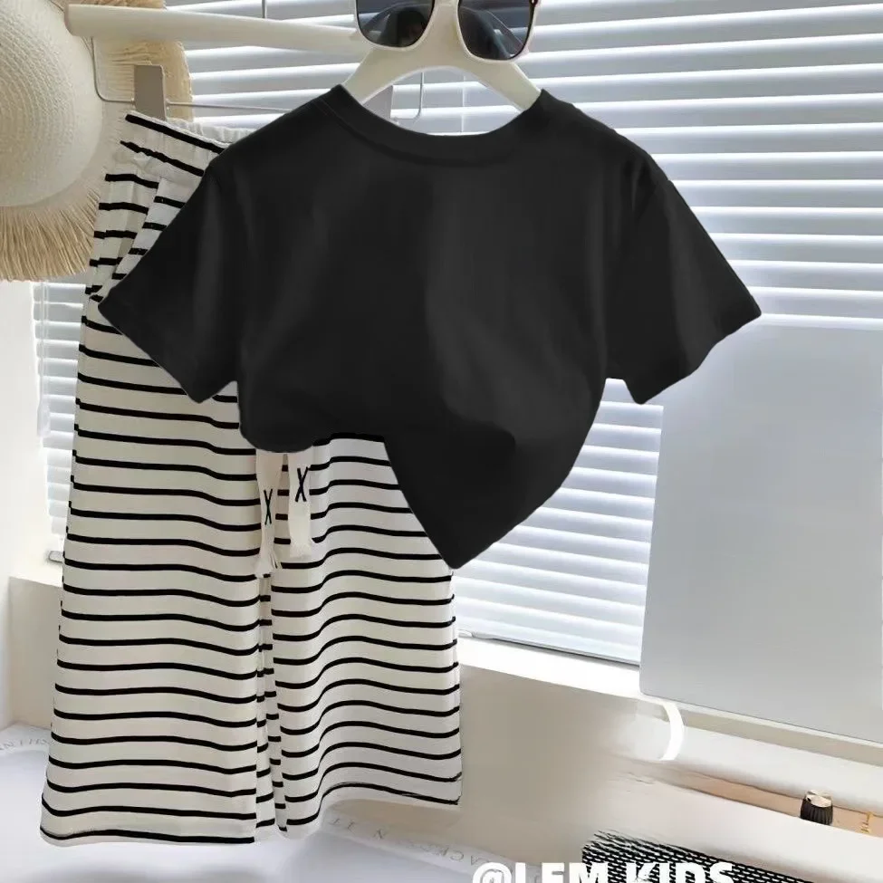 1-8 lat letni zestaw ubrań dla dziewczynek wygodny T-shirt z napisami + spodnie w paski luźne dopasowane 2 szt. Garnitur dla dzieci strój dla dzieci — zdjęcie 2