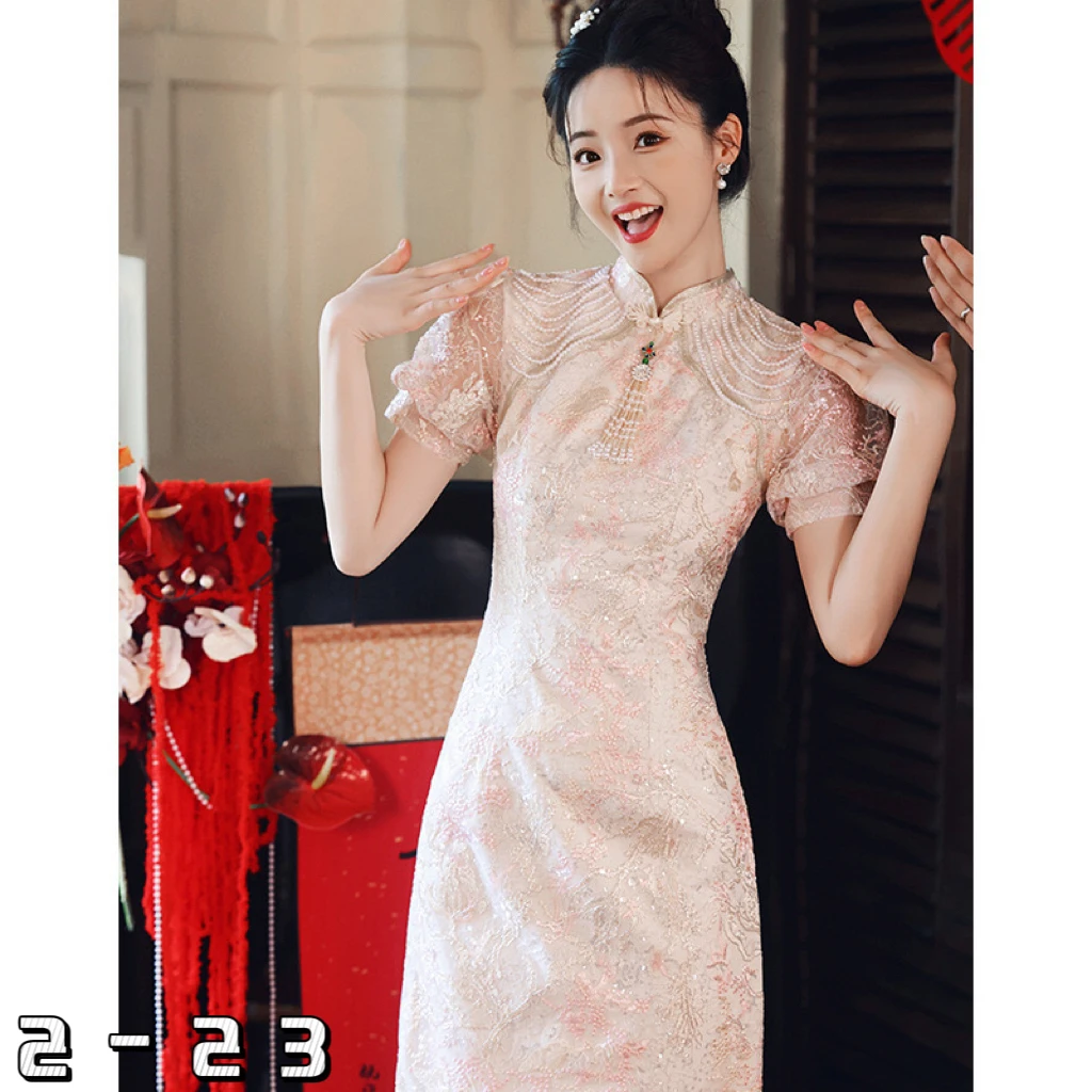 Lace toast dress bride new pink engagement dress dress new Chinese cheongsam return home toast dress