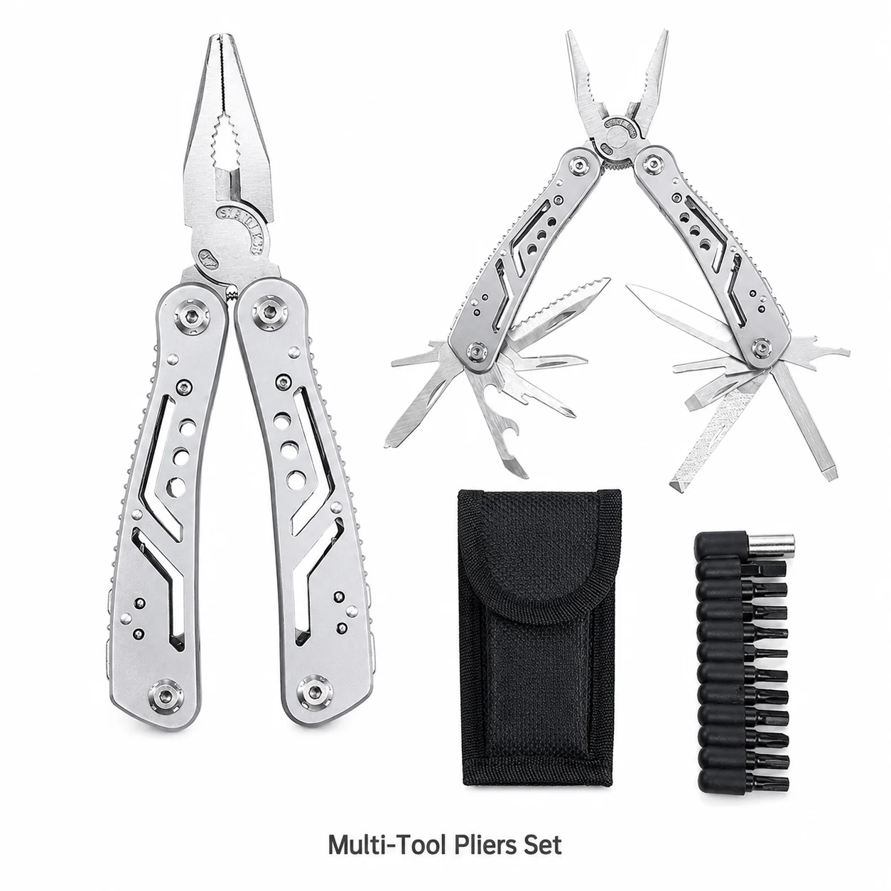 Multitool-Zangen-Set mit Schraubendreher-Bit-Set und Tragetasche, faltbares Edelstahl-Multitool mit Zange, Messer, Säge, Schraubendreher und Flaschenöffner, tragbares EDC-Werkzeug für Camping,