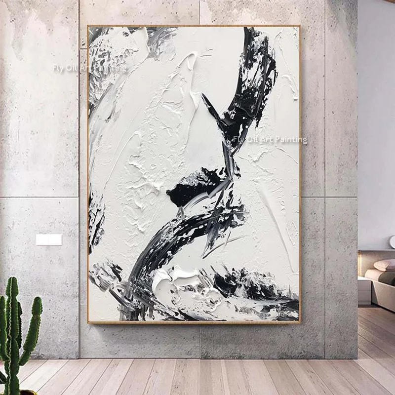 Black And White Textured Oil Canvas Geometry Wall Art Minimalist Abstract Wall Decor Hand Painted Black Abstract White Artwork