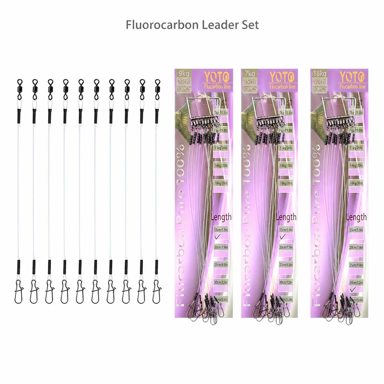 10PCS Fluorocarbon Fishing Leader Line with Swivel Snap Clear Leader Rig Set Tackle Accessories 15-40cm 7-18kg for Lure Bait Kit