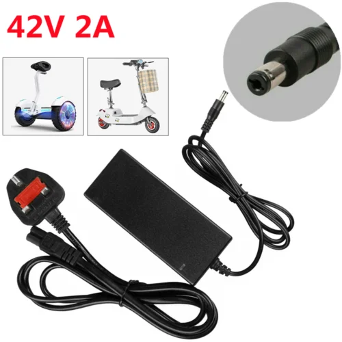1x Cargador Rápido de 42V 2A para Baterías de Scooter de 36V |   Prevención Inteligente de Sobrecarga, Apagado Automático por Alta Temperatura, Protección Contra Sobrecorriente/Cortocircuito