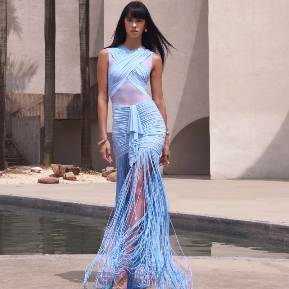 

Летнее женское сексуальное однотонное платье на подтяжках, прозрачное сетчатое плиссированное платье через плечо, элегантное модное вечернее платье