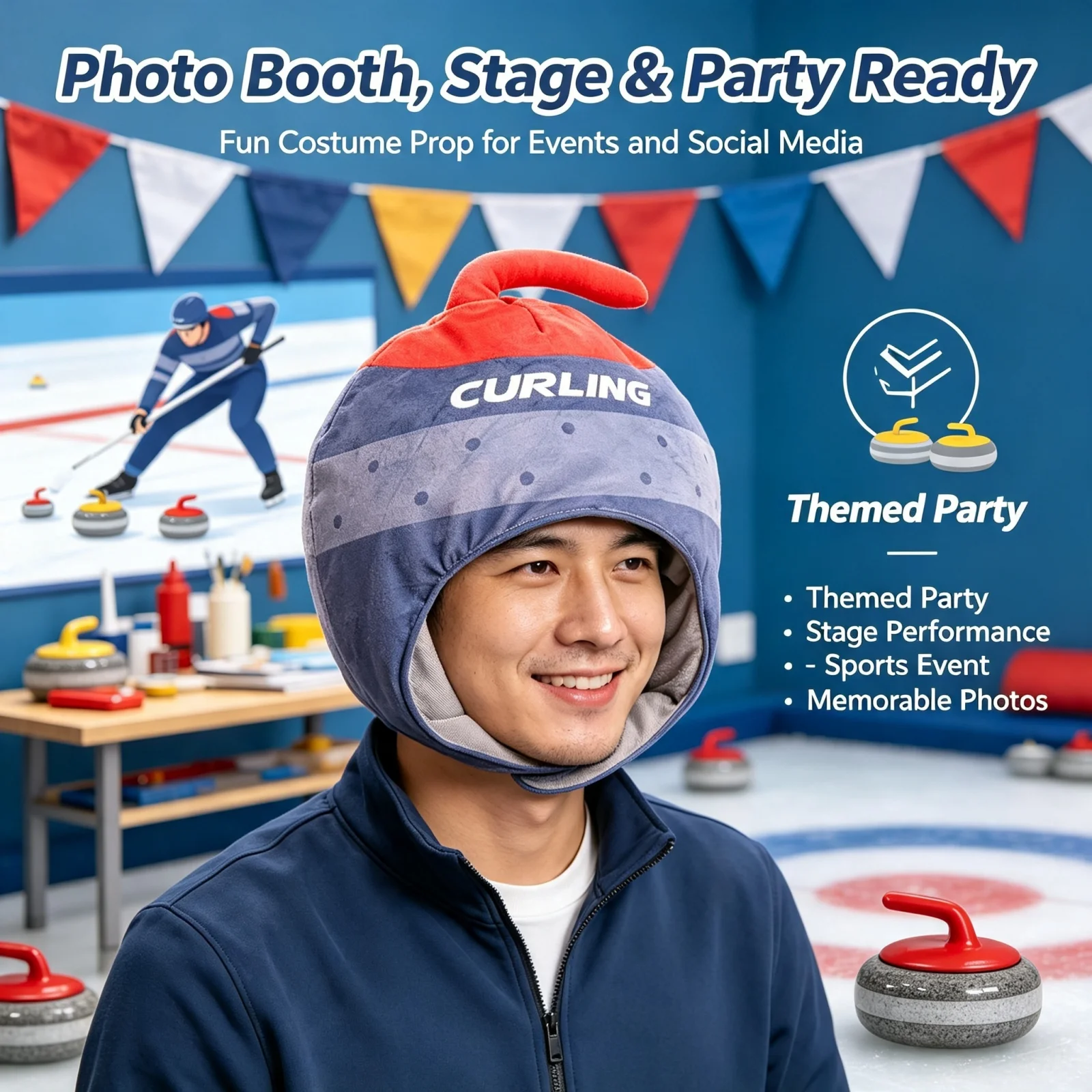 Curling Rock Stone Hat Funny Sports Theme Photo Prop Costume Cap for Halloween Cosplay Party Ice Curling Game Accessory