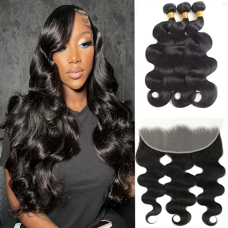 

Body Wave Bundles With Frontal Remy Brazilian Weave 30Inch Natural Human Hair Extension 3 Bundles With 13x4 Lace Frontal Closure