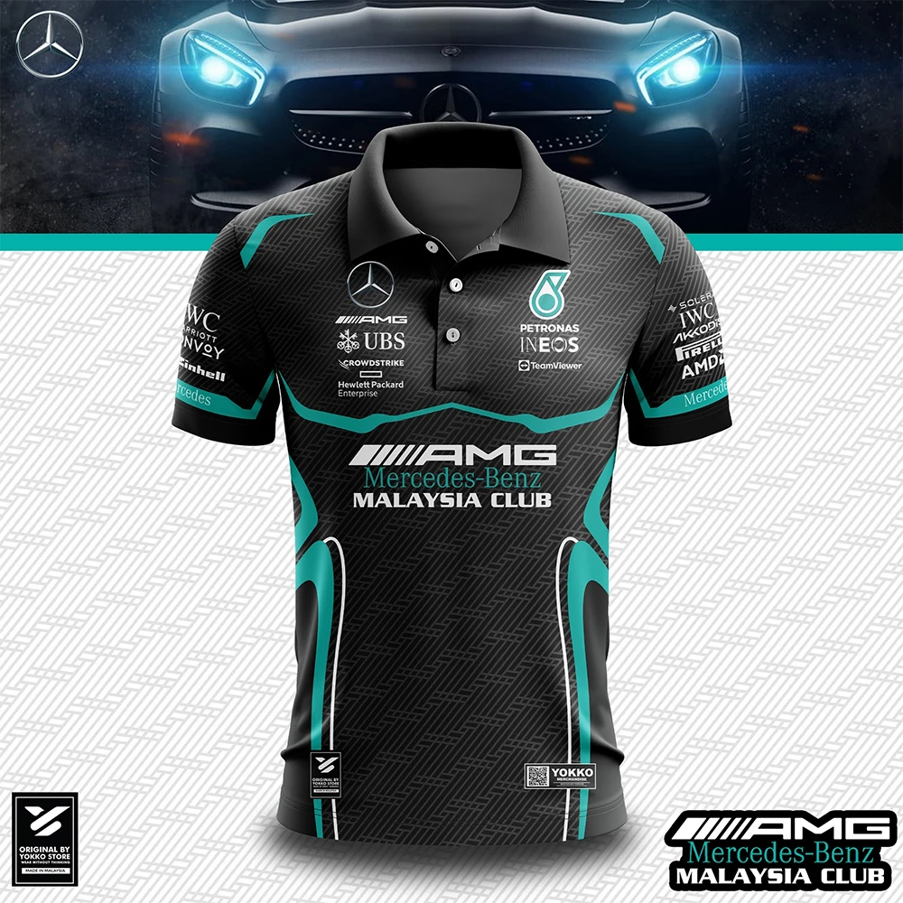 

Mercedes AMG Polo Shirt Racing Style Green Black Contrasting Design Club Fan Car Enthusiasts Social Gathering Club Event