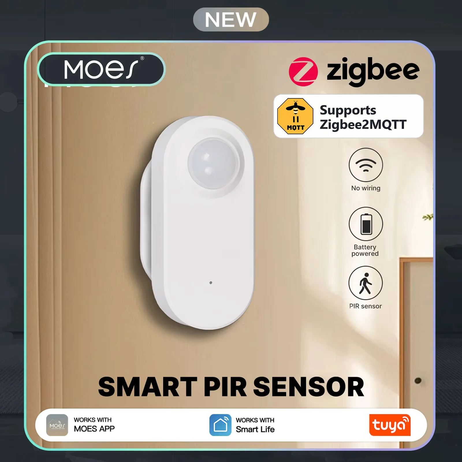MOES Zigbee2MQTT Motion Sensor,Wireless Battery Powered PIR Detector for Home Security, Tuya/Smart Life App, Scene Linkage