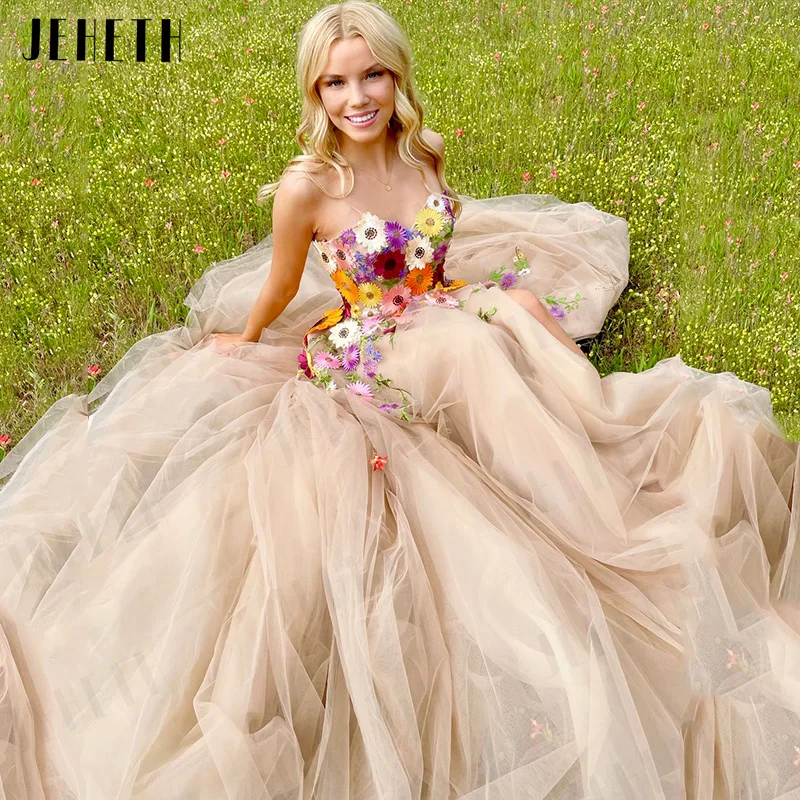 Jeheth Champagne 3d Bloemen Sweetheart Prom Dress Sexy High Split Tule A Line Avondfeest Afstudeerjurk Vestidos Para Mujer