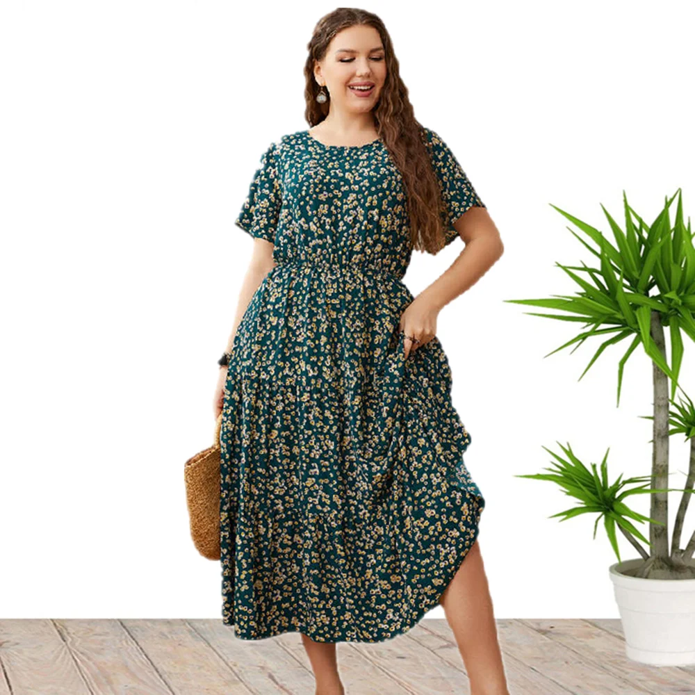 2022 novo design plus size floral impressão manga curta vestidos de verão para as mulheres por atacado china