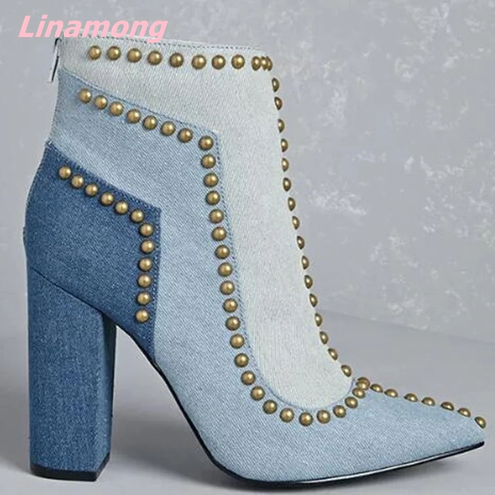 

Autumn Brand Design Women Rivet Boots Pointed Toe Mixed Colors Square High Heel Back Zipper Patchwork Chelsea Punk Work Shoes