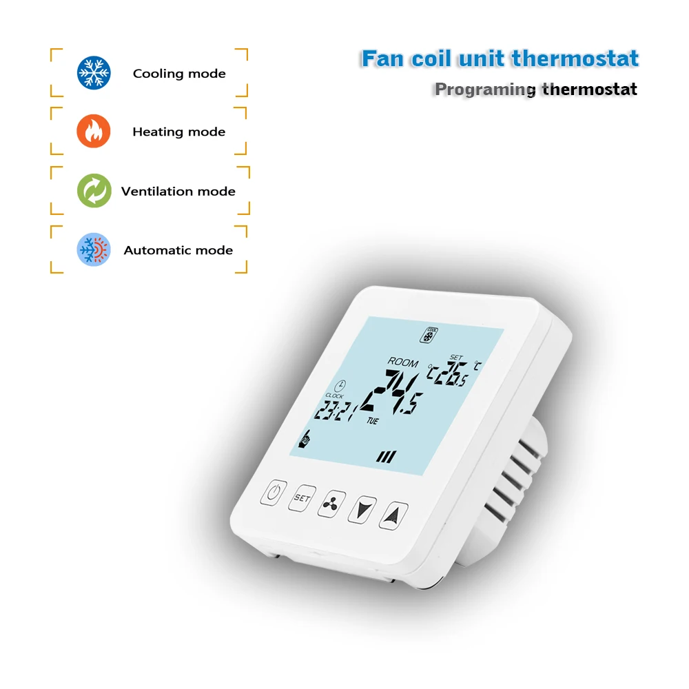 Air conditioning programming thermostat 2 pipes 4 pipes Fan coil thermostat for heating and cooling 95-230VAC