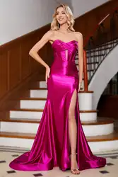 Sexy Satin Sweetheart Mermaid Prom Dresses With Split 2024 Sleeveless Formal Evening Party Dress  Pleated Corset Cocktail Gowns