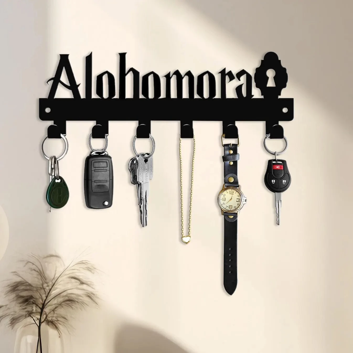 Key Holder – Wall-Mounted Metal Organizer with Magical Font & Keyhole Cut-Out for Entryway or Wizard-Themed Decor, Key Wall art