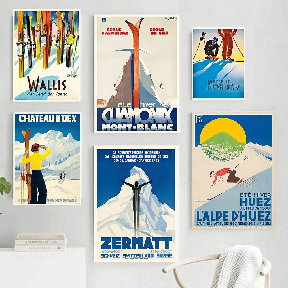 Vintage Travel Skiing Poster Retro Australia Zermatt France Chamonix Alpe d'Huez Ski Canvas Painting Wall Art Picture Room Decor