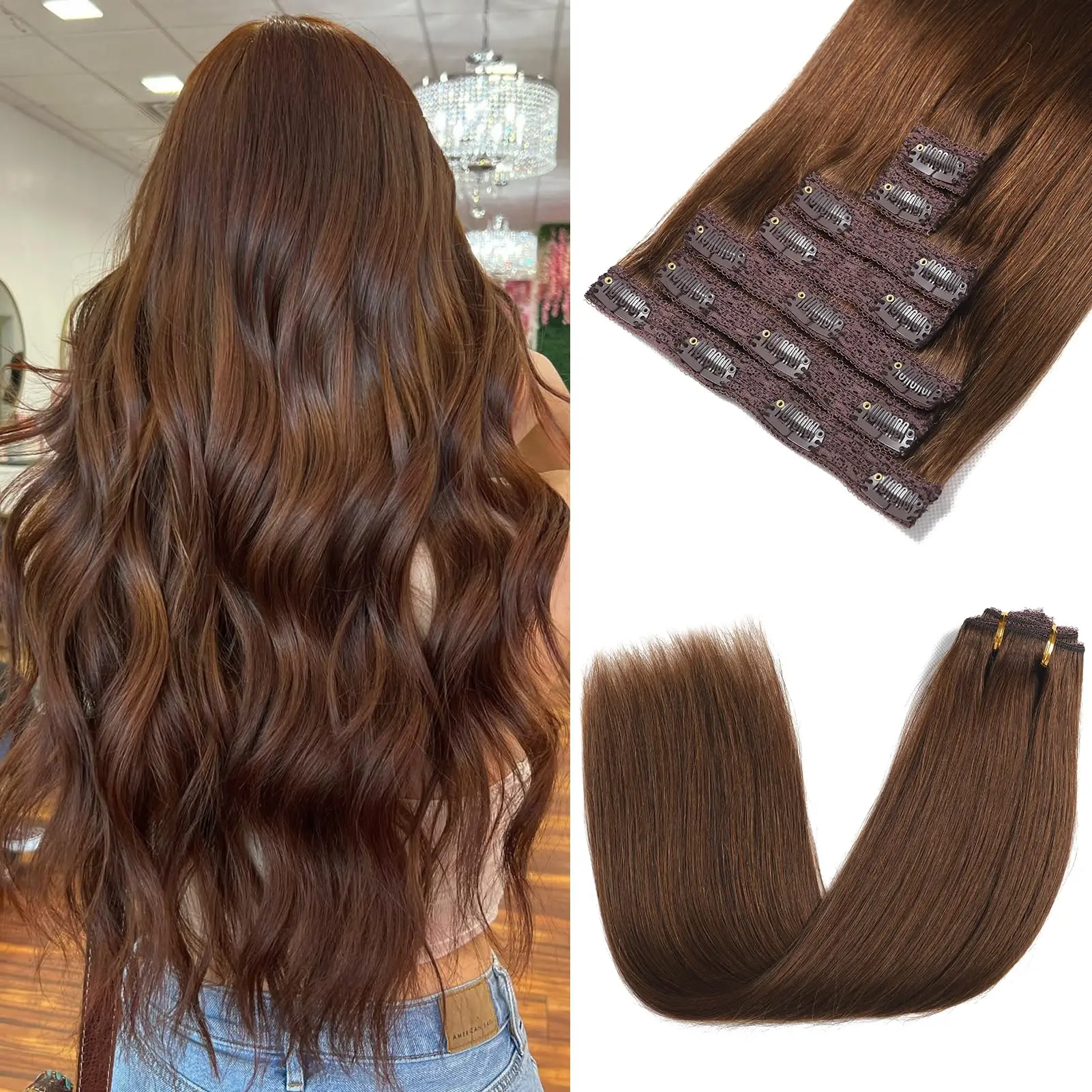 Grampo em extensões do cabelo, cabelo humano Remy reto, castanho chocolate, grampo no cabelo, #4