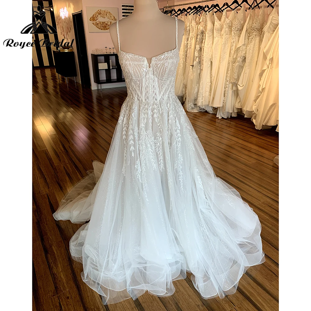 

Sexy V Neck Spaghetti Straps Open Back Lace Tulle A Line Wedding Dress Boho Bridal Gowns Sweep Vestidos De Novia Robe De Mariée